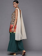 Ahalyaa Women Green & Red Ethnic Motifs Print Kurti with Sharara & Dupatta | Grocsy