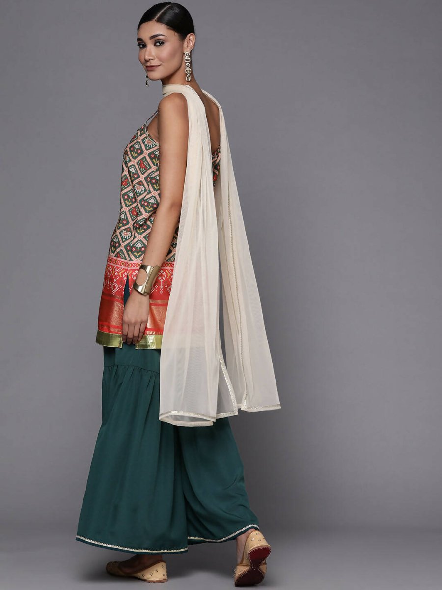 Ahalyaa Women Green & Red Ethnic Motifs Print Kurti with Sharara & Dupatta | Grocsy