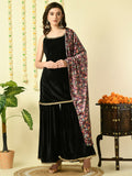 Myshka Women's Black Velvet Kurti & Sharara With Dupatta Party Sets | Grocsy