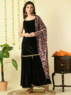 Myshka Women's Black Velvet Kurti & Sharara With Dupatta Party Sets | Grocsy