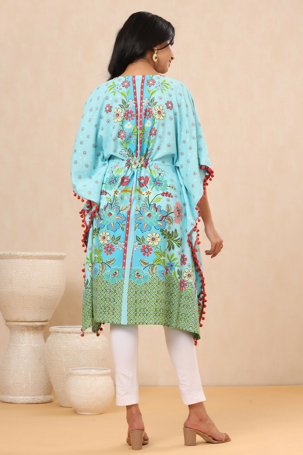 Juniper Sky Blue Floral Printed Calf-Length Rayon Kaftan. | Grocsy