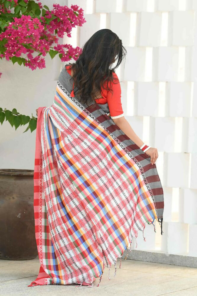 Beatitude Multicolor Cotton Handloom Saree | Grocsy