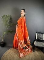 Joban Fashion Orange Peacock & Floral Motifs Soft Silk Kanchipuram Saree | Grocsy