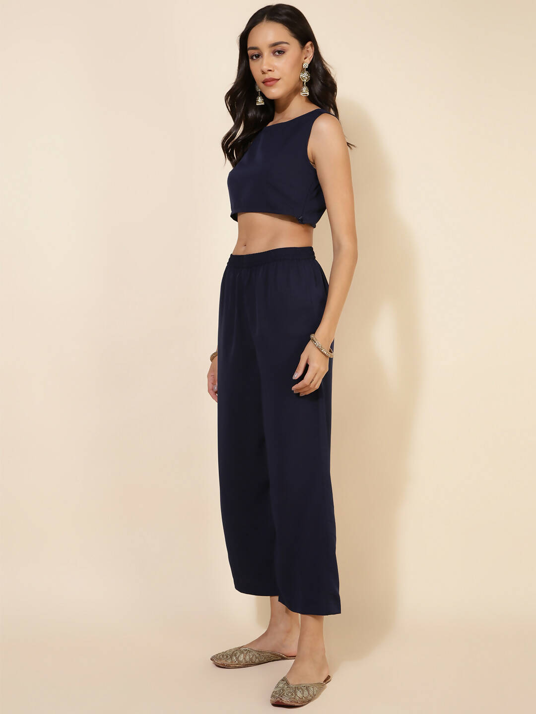 Janasya Women's Dark Blue Crepe Foil Printed Festive Crop Top Set | Grocsy