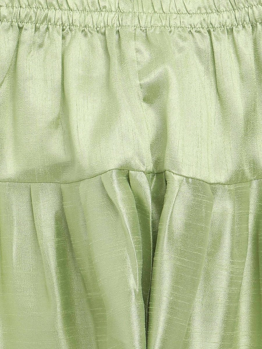 Ahalyaa Green Poly Silk Gold Print Kids Kurta Churidar Set For Boys | Grocsy
