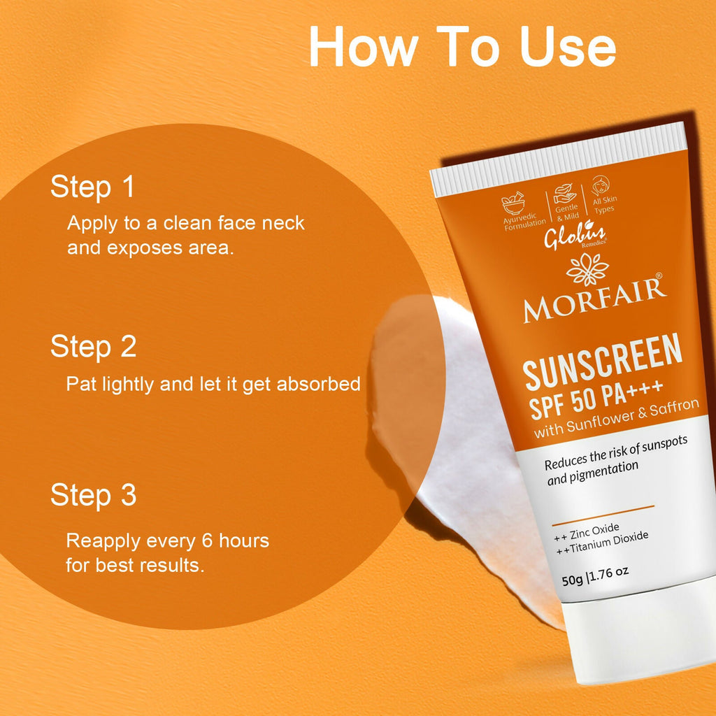 Globus Remedies Morfair Sunscreen SPF 50 PA+++ with Sunflower & Saffron For Reduces Sunspots & Pigmentation | Grocsy