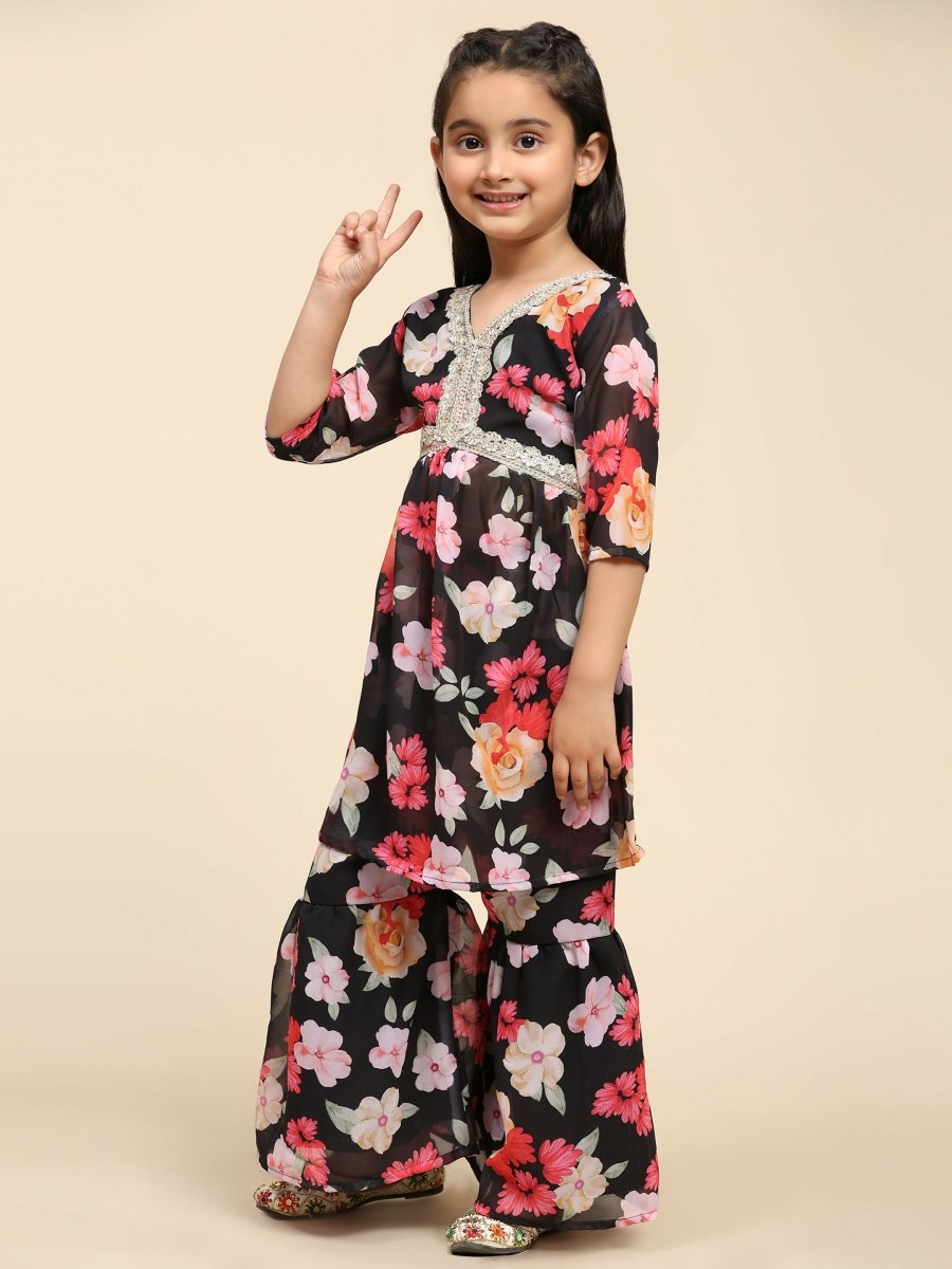 Alakhi Studio Girls Floral Georgette Printed V-Neck Kurta With Sharara - Black | Grocsy