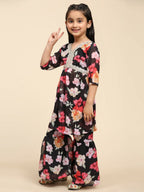 Alakhi Studio Girls Floral Georgette Printed V-Neck Kurta With Sharara - Black | Grocsy