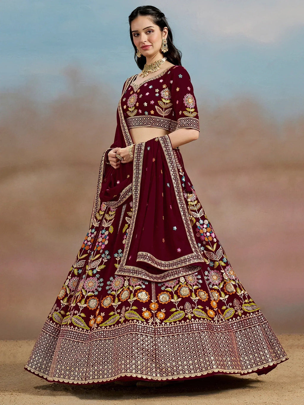 Tulsi Art Phenomenal Maroon Sequins Georgette Reception Wear Lehenga Choli | Grocsy