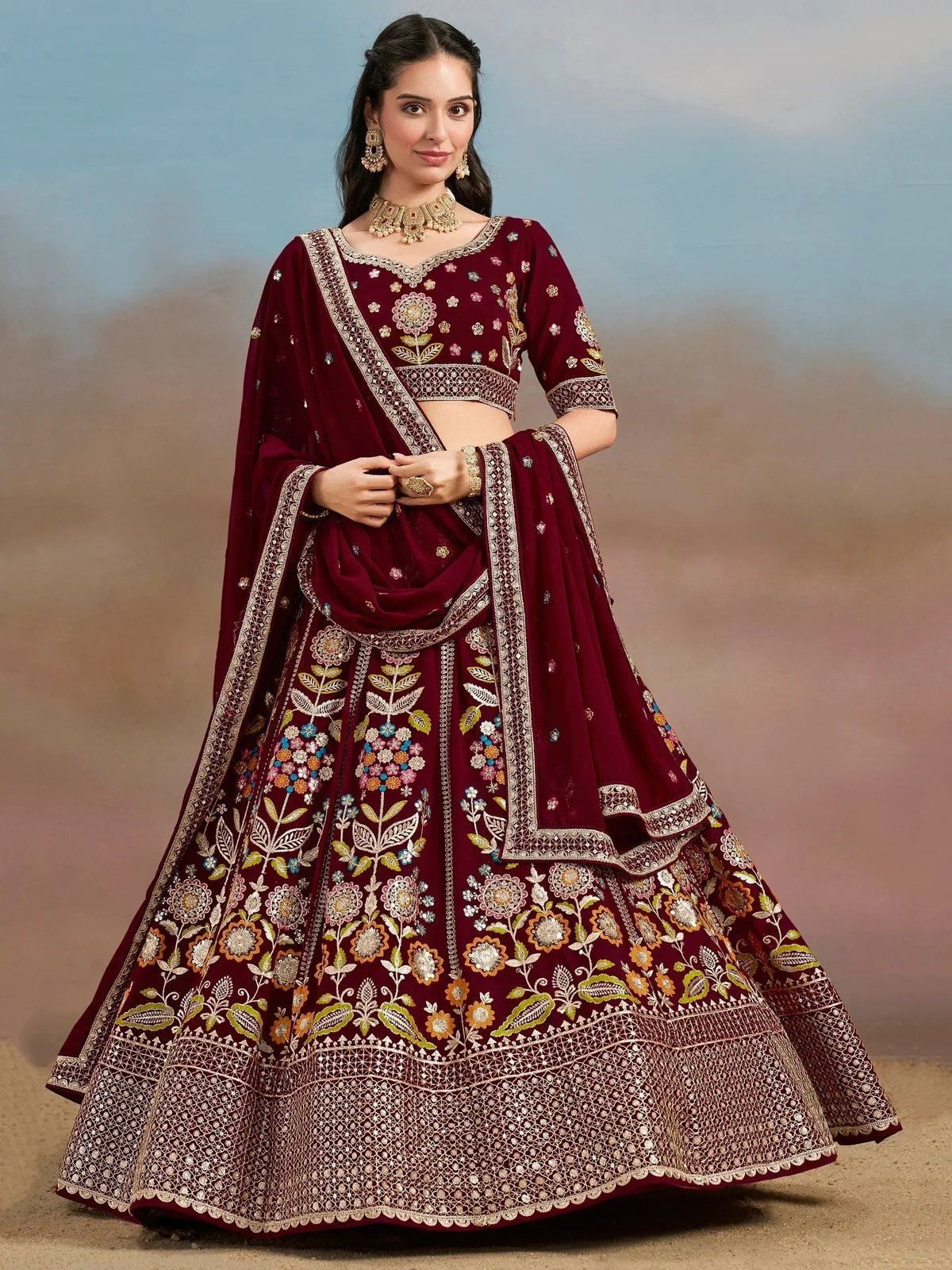 Tulsi Art Phenomenal Maroon Sequins Georgette Reception Wear Lehenga Choli | Grocsy