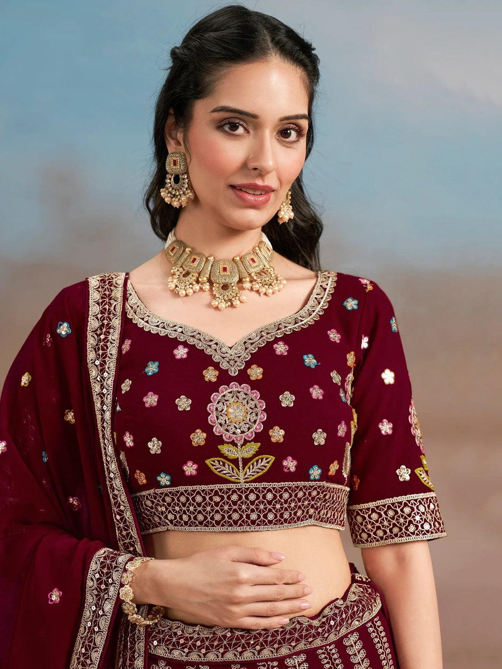 Tulsi Art Phenomenal Maroon Sequins Georgette Reception Wear Lehenga Choli | Grocsy