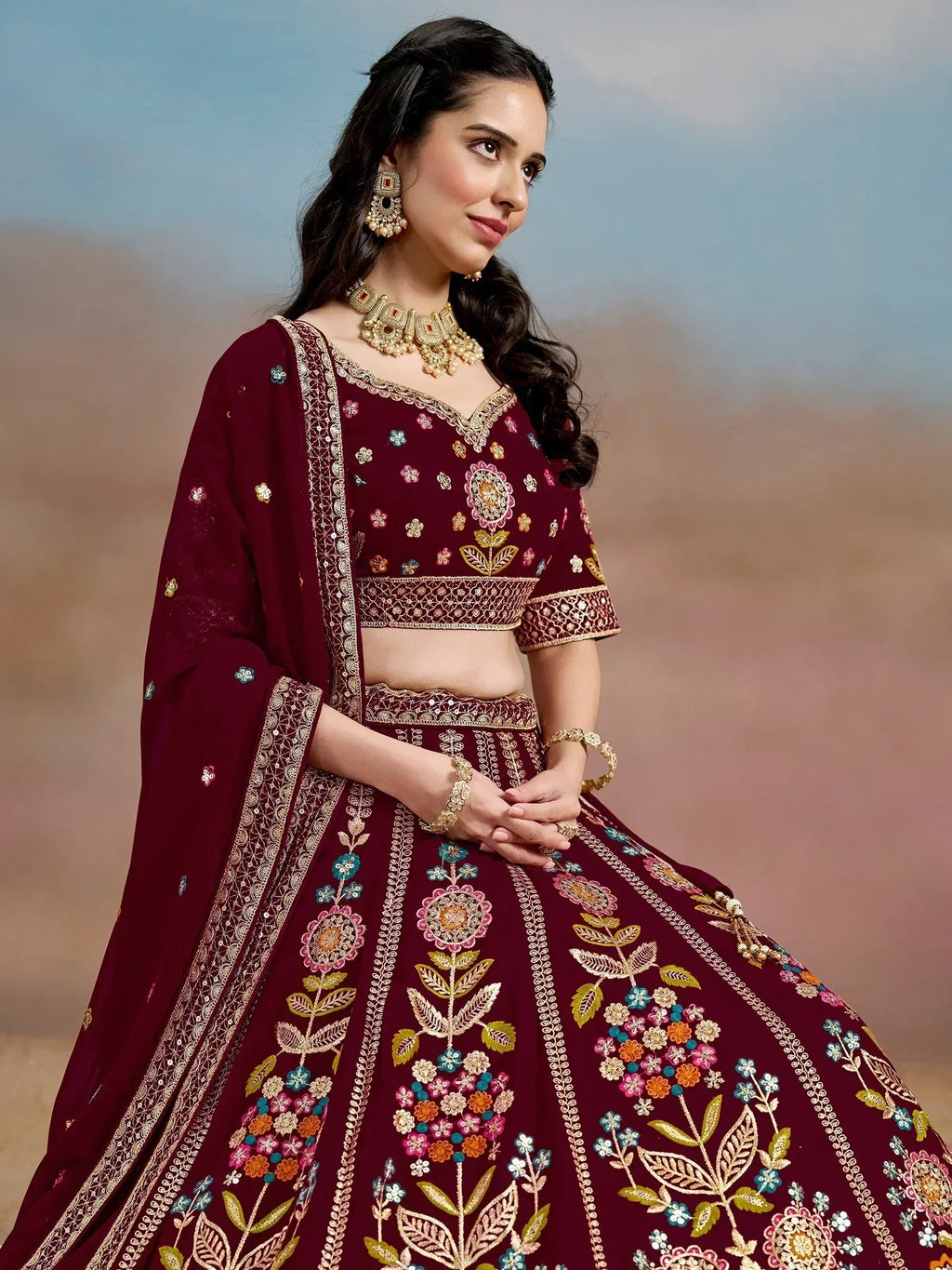 Tulsi Art Phenomenal Maroon Sequins Georgette Reception Wear Lehenga Choli | Grocsy