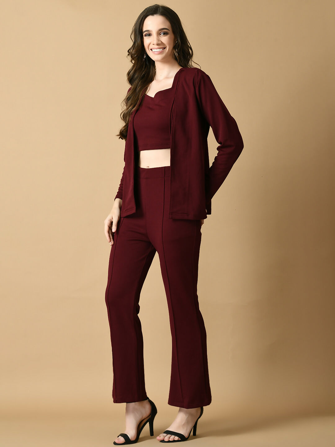 Myshka Women's Magenta Solid Coat With Trousers | Grocsy