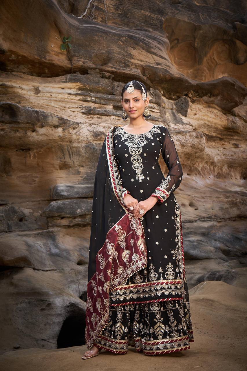 Lehenga Mart Designer Black Faux Georgette Ready to wear Sharara Suit for Eid | Grocsy