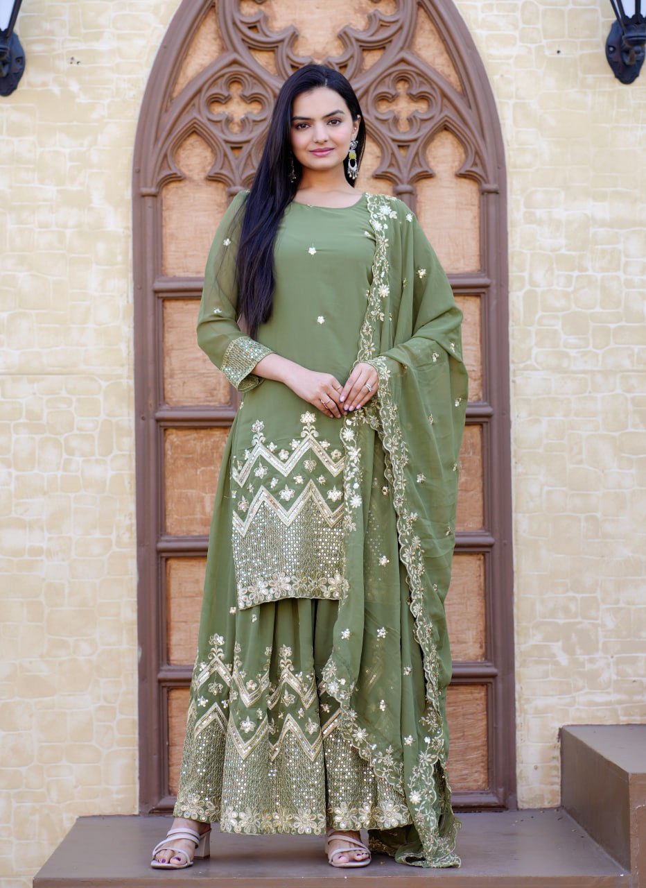 Teeya Creation Mint Green Color Faux Georgette Fully Stitched Sharara Suit | Grocsy