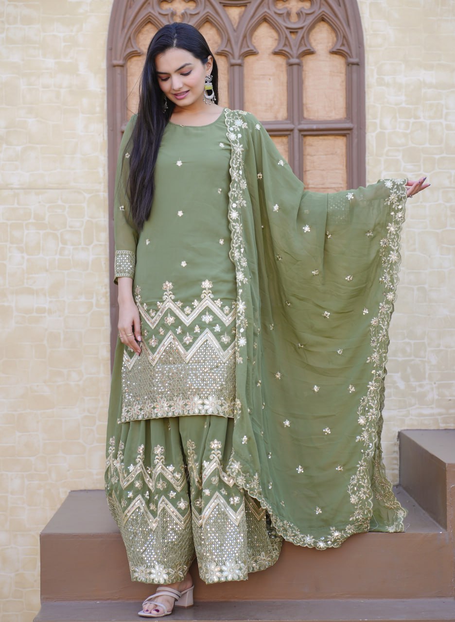 Teeya Creation Mint Green Color Faux Georgette Fully Stitched Sharara Suit | Grocsy