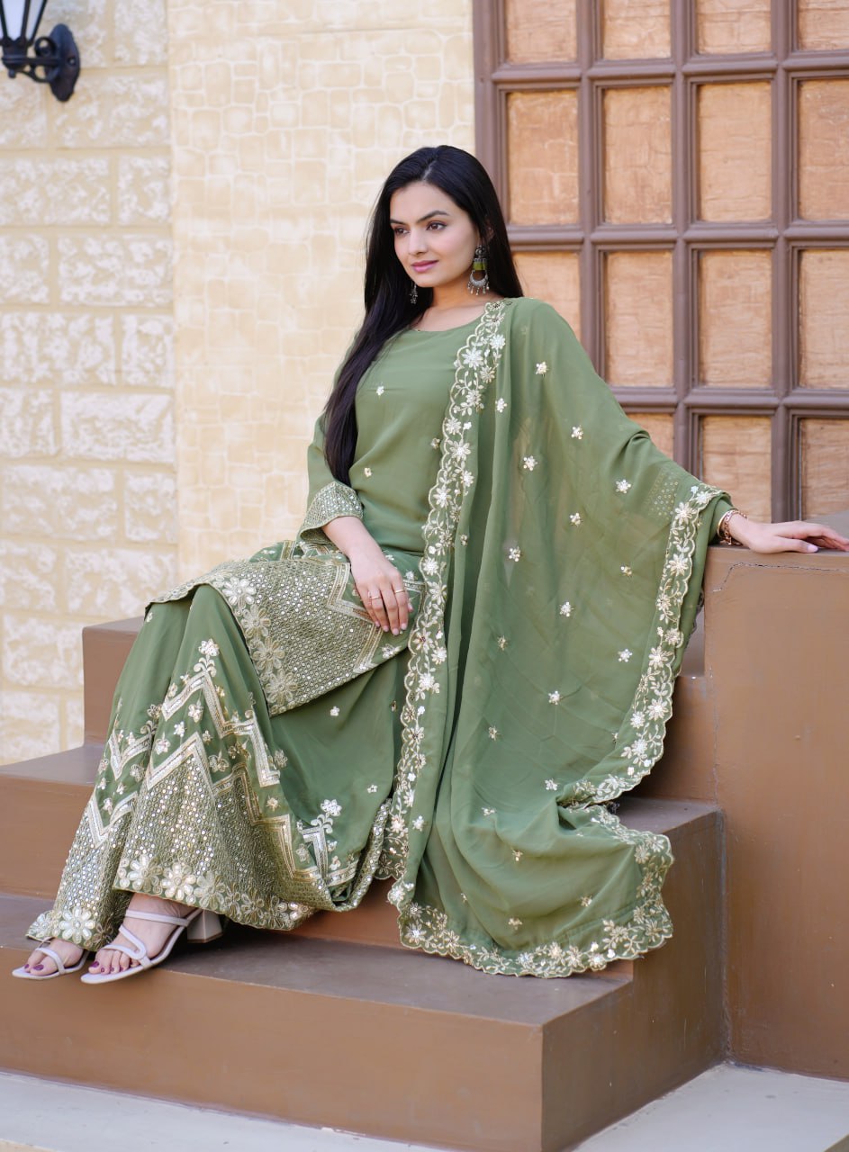 Teeya Creation Mint Green Color Faux Georgette Fully Stitched Sharara Suit | Grocsy