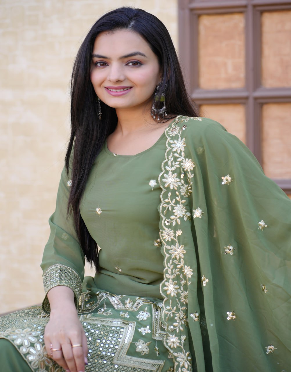 Teeya Creation Mint Green Color Faux Georgette Fully Stitched Sharara Suit | Grocsy