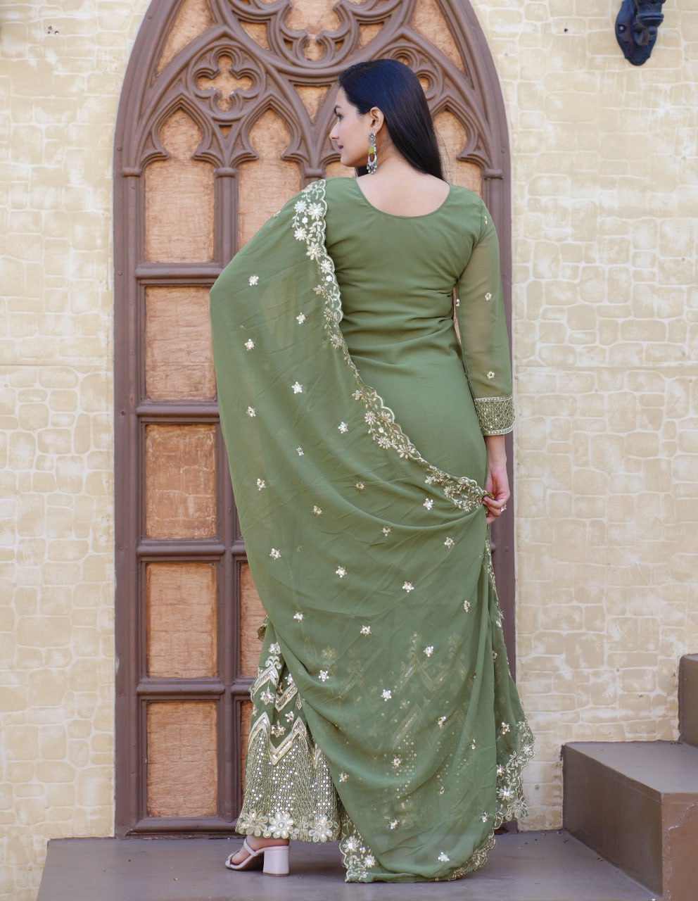 Teeya Creation Mint Green Color Faux Georgette Fully Stitched Sharara Suit | Grocsy