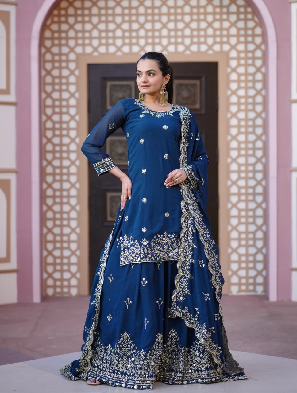 Teeya Creation Blue Color Faux Georgette Fully Stitched Sharara Suit | Grocsy