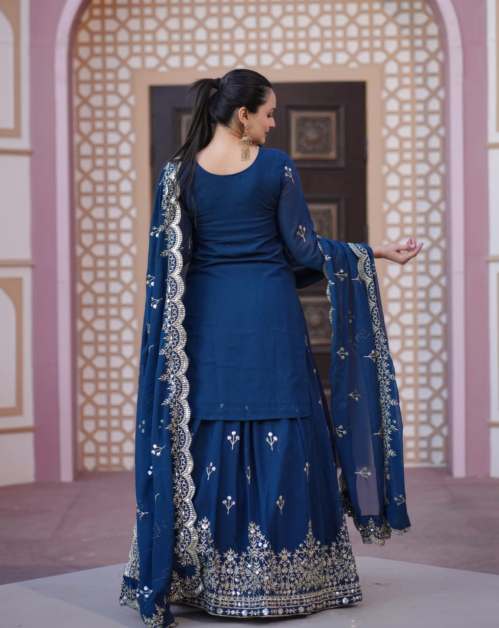 Teeya Creation Blue Color Faux Georgette Fully Stitched Sharara Suit | Grocsy