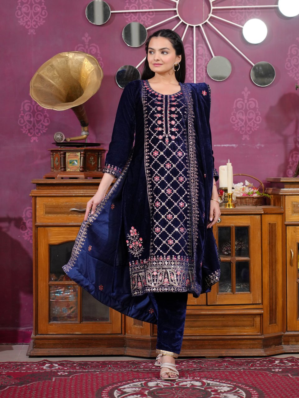 Teeya Creation Blue Color Velvet Fabric Heavy Embroidery Work Fully Stitched Salwar Suit | Grocsy