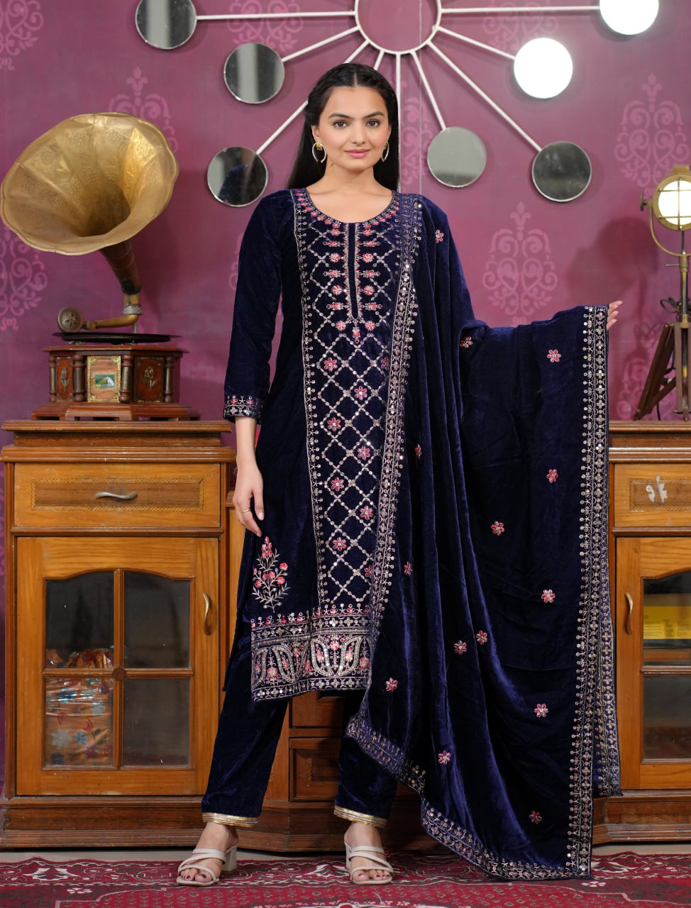 Teeya Creation Blue Color Velvet Fabric Heavy Embroidery Work Fully Stitched Salwar Suit | Grocsy