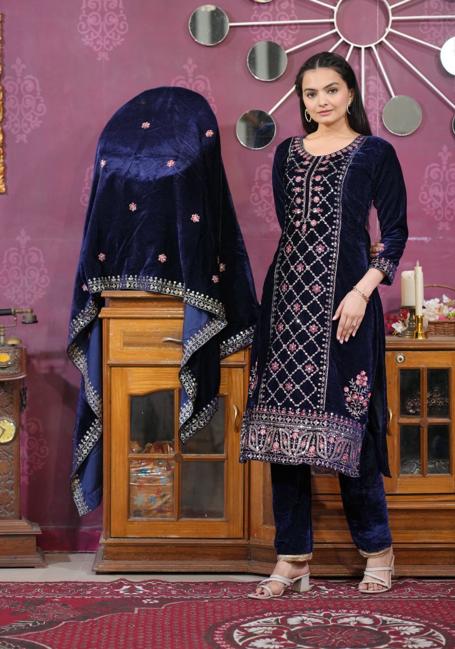 Teeya Creation Blue Color Velvet Fabric Heavy Embroidery Work Fully Stitched Salwar Suit | Grocsy