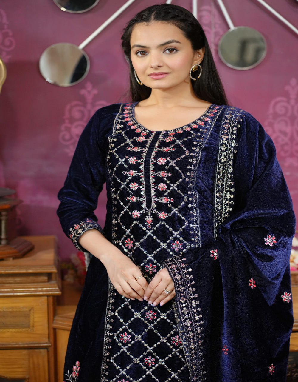 Teeya Creation Blue Color Velvet Fabric Heavy Embroidery Work Fully Stitched Salwar Suit | Grocsy