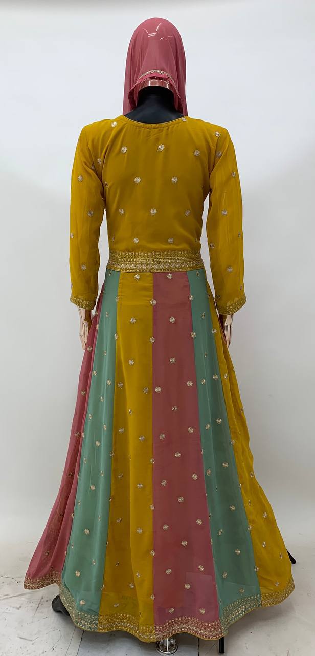 Teeya Creation Multi Colour Faux Georgette Heavy Embroidery Sequence Work Fully Stitched Salwar Suit (Gown & Dupatta) | Grocsy