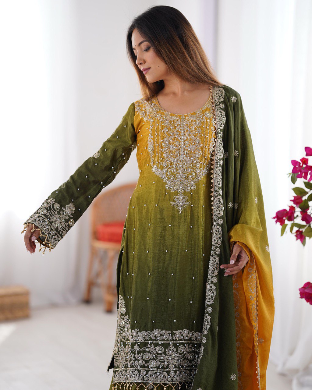 Teeya Creation Multi Color Chinon Silk Heavy Embroidery Work Pakistani Fully Stitched Salwar Suit | Grocsy