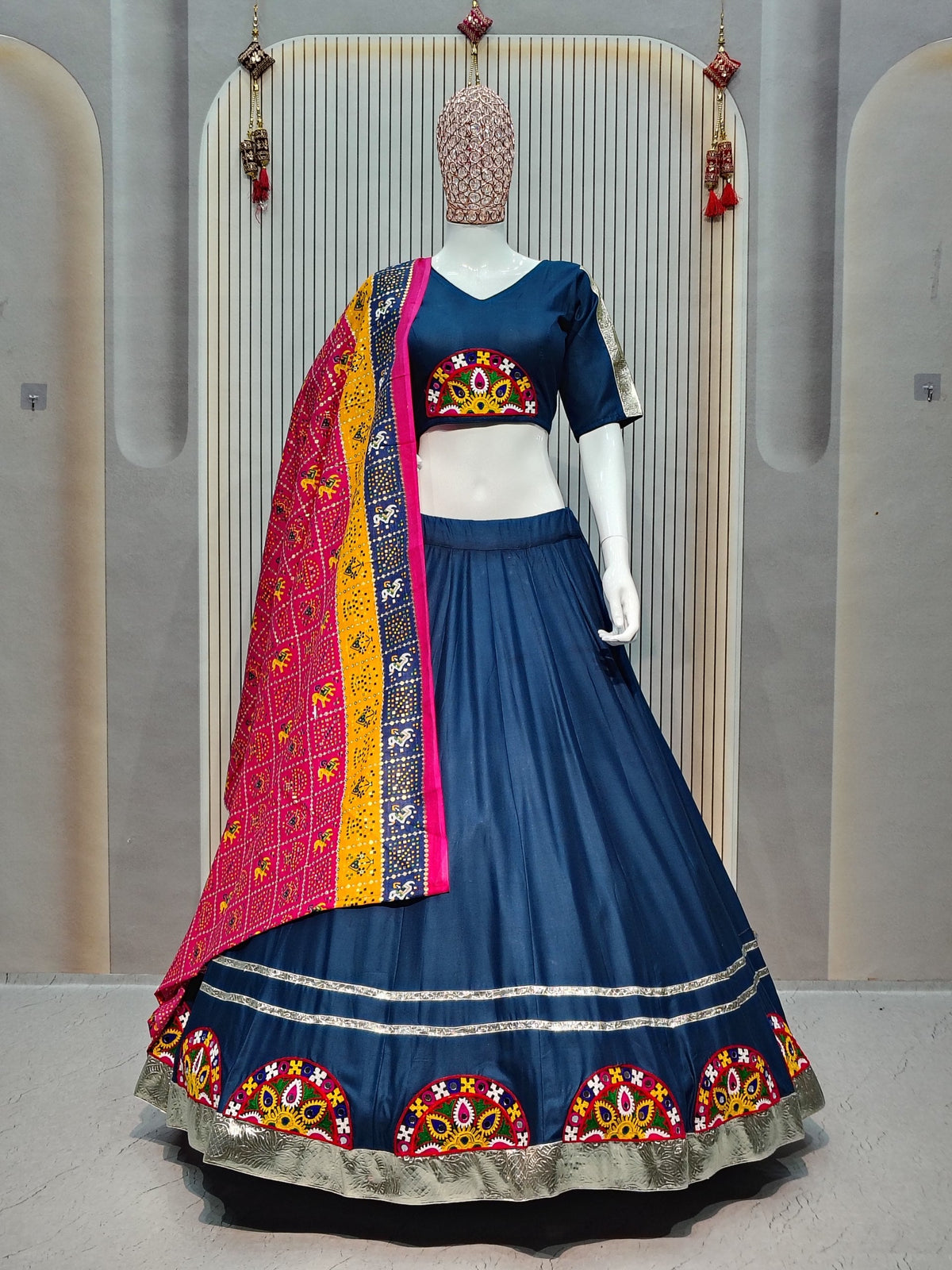 DEIANA'S Gota Patch Gamthi Work Lace Lehenga Choli - Navy Blue | Grocsy