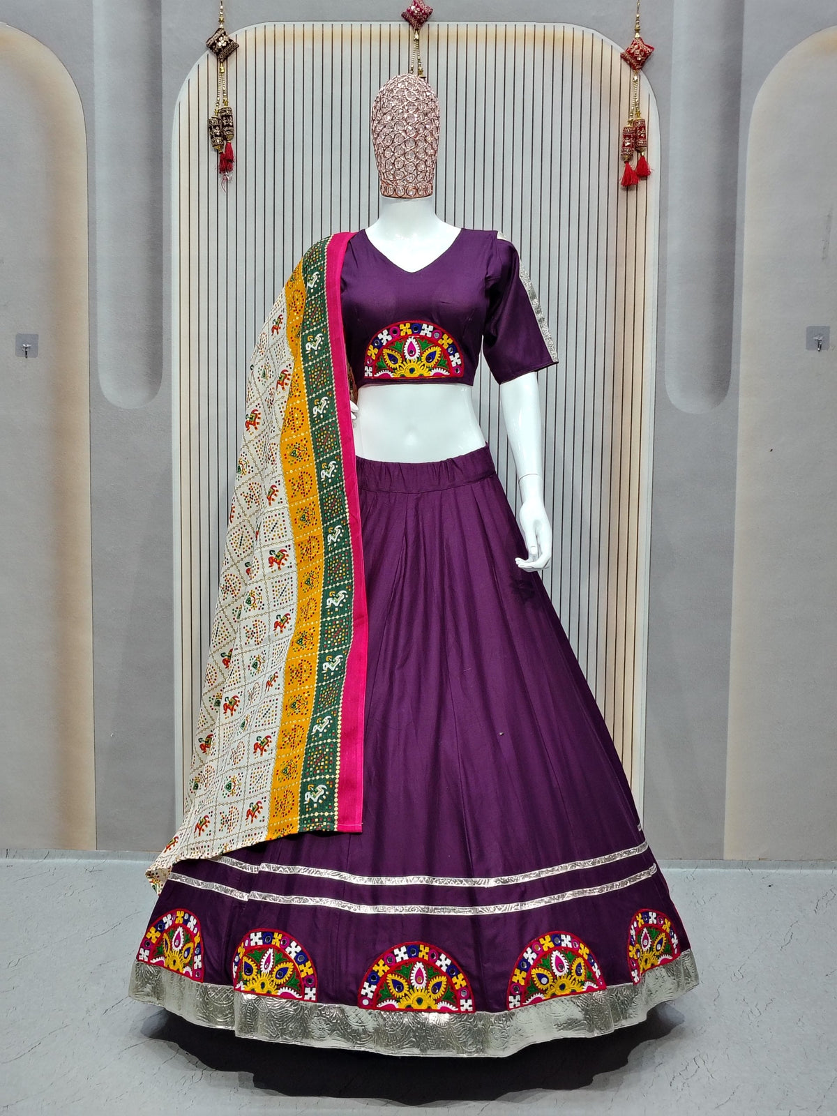 DEIANA'S Gota Patch Gamthi Work Lace Lehenga Choli - Wine | Grocsy