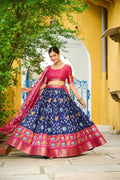 DEIANA'S Jacquard With Jari Lining With Print Lehenga Choli - Navy Blue | Grocsy