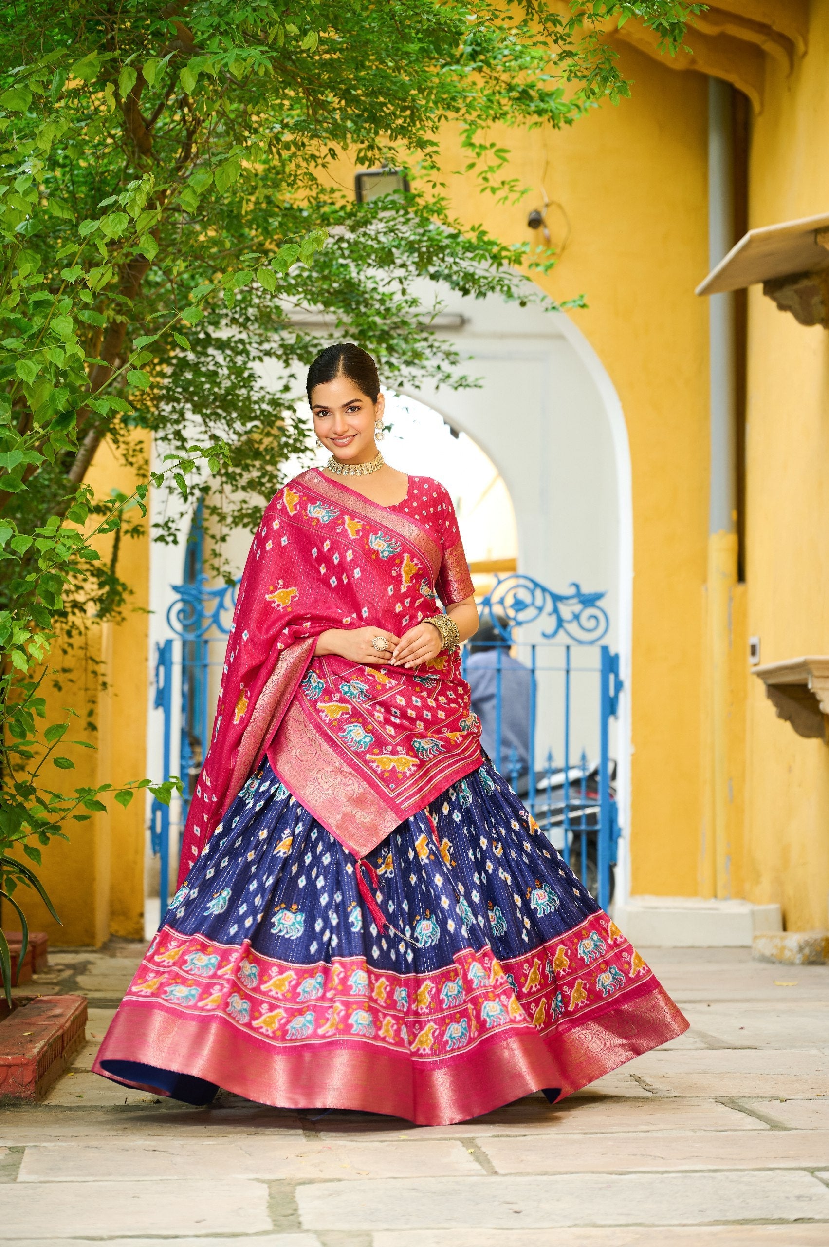 DEIANA'S Jacquard With Jari Lining With Print Lehenga Choli - Navy Blue | Grocsy