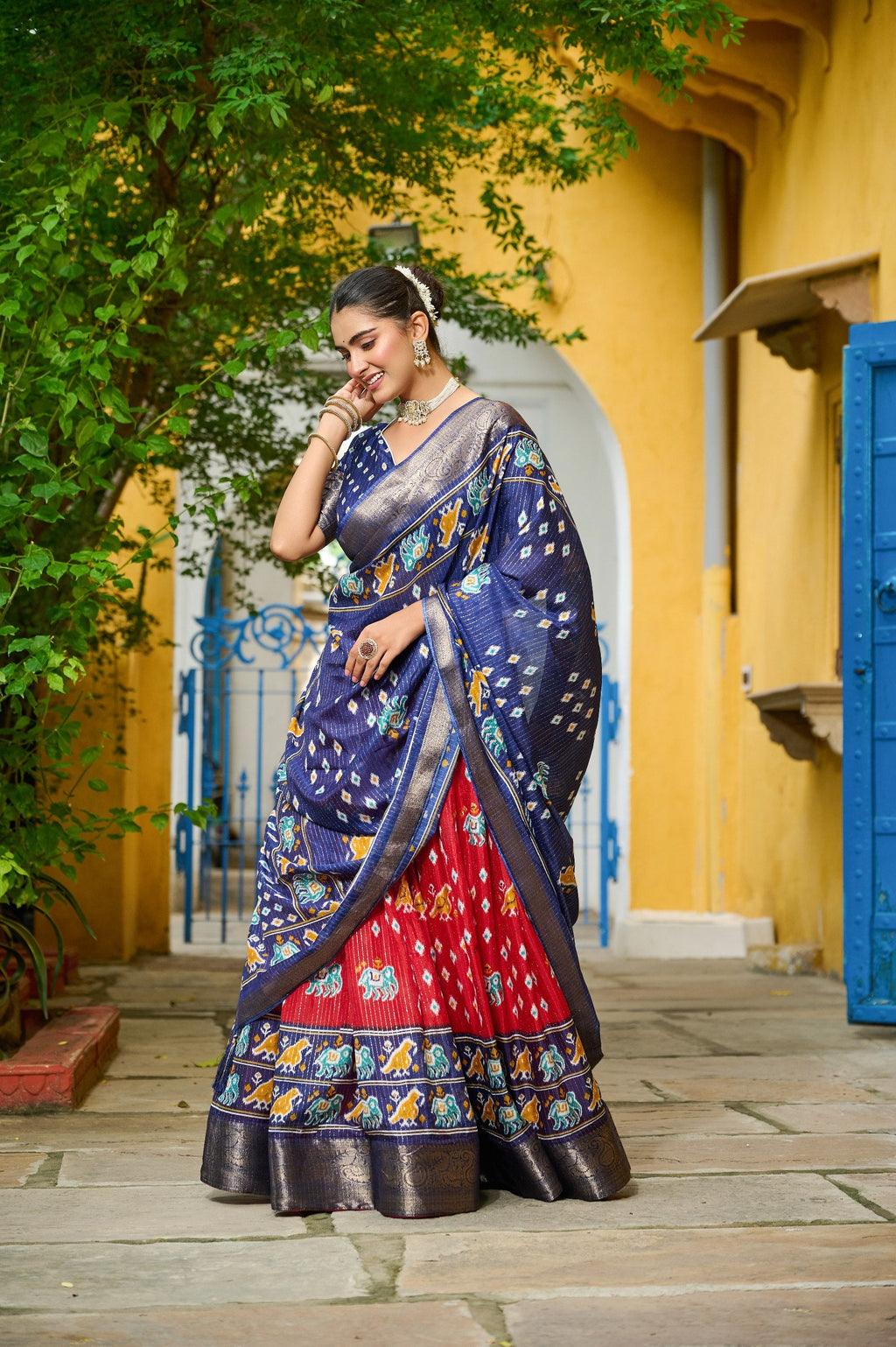 DEIANA'S Jacquard With Jari Lining With Print Lehenga Choli - Red | Grocsy