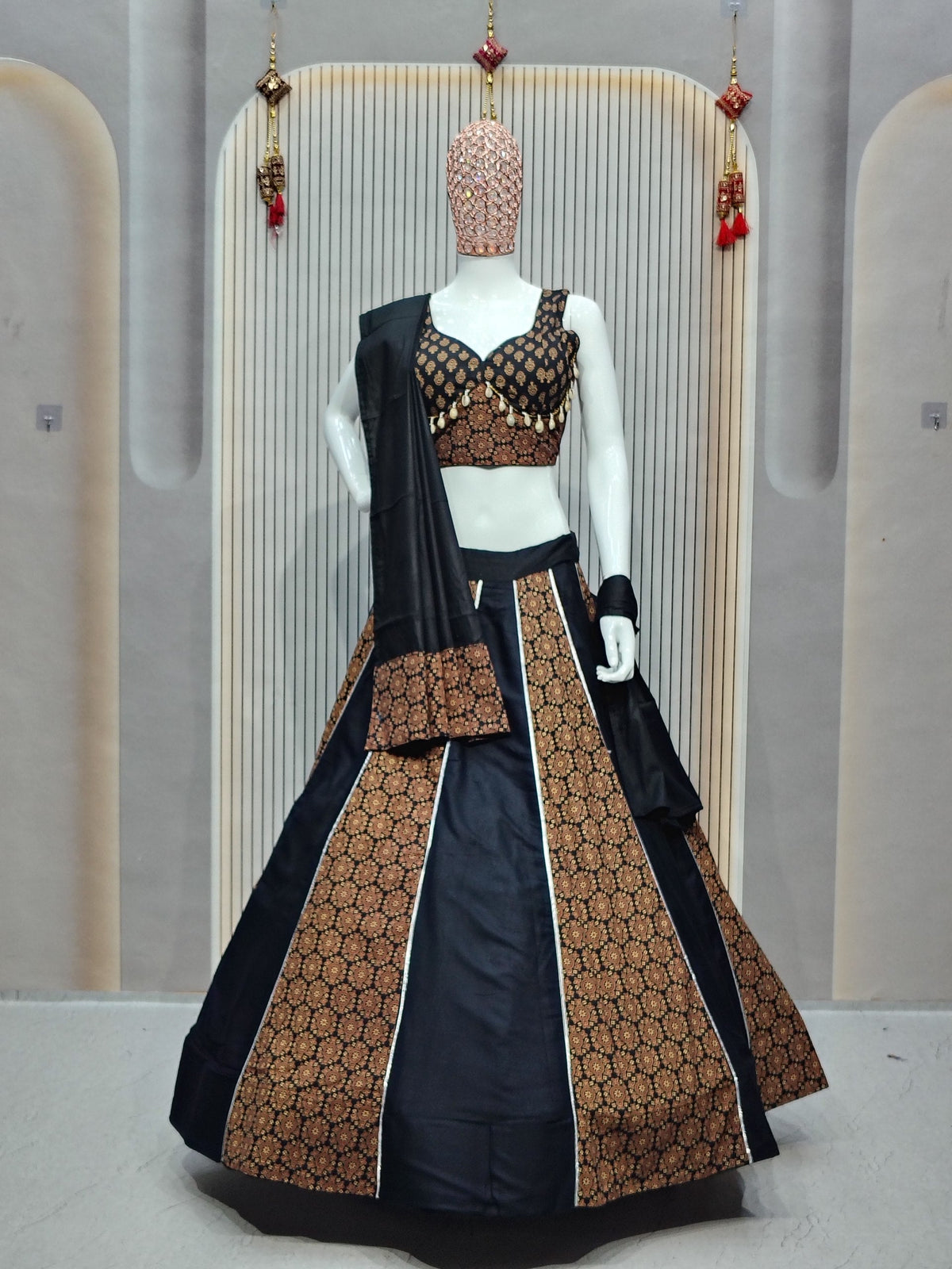 DEIANA'S Ajarak Print With Kali Pattern Lehenga Choli - Black | Grocsy