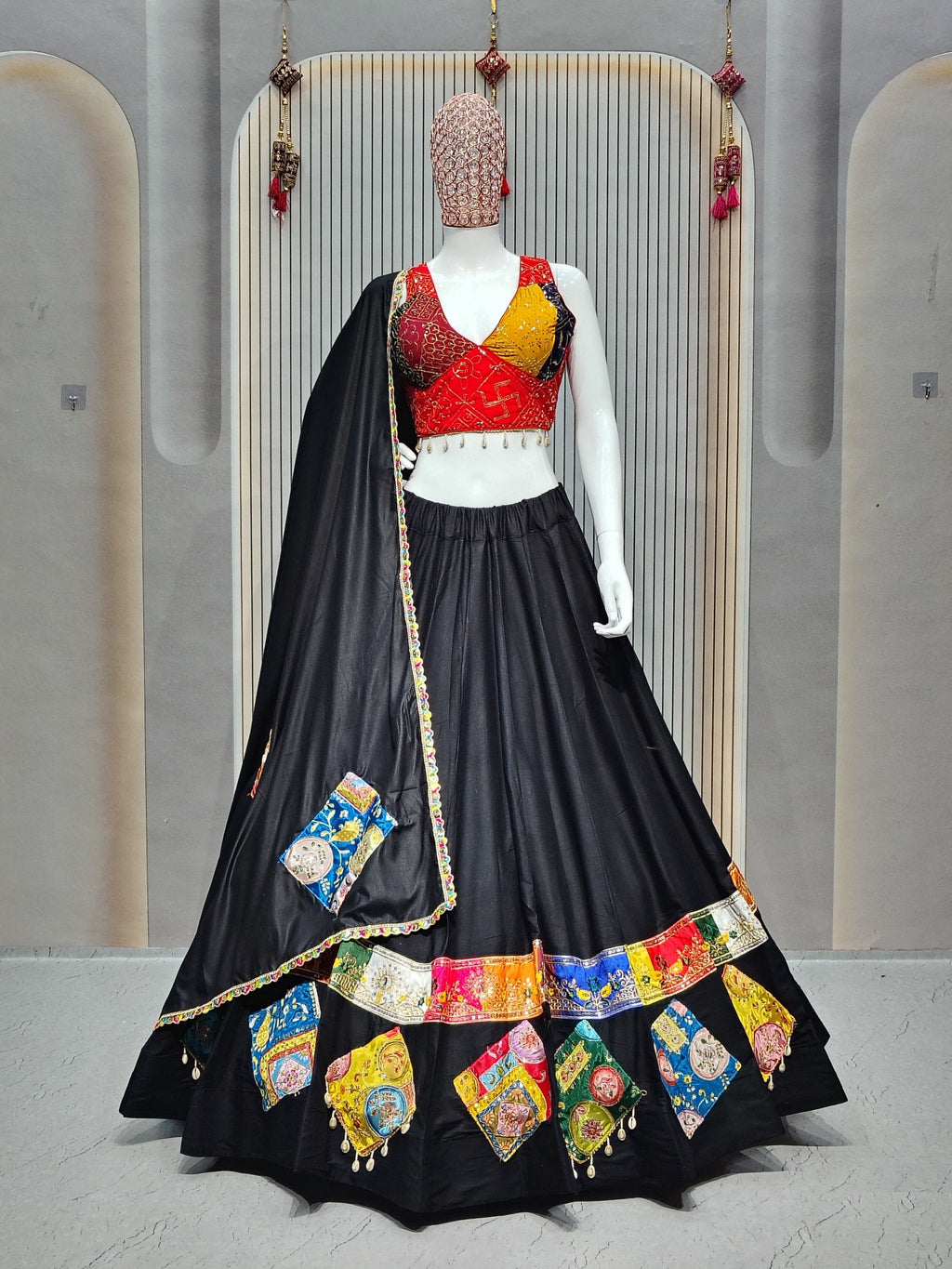 DEIANA'S Gamthi Patch With Handmade Kodi Lace Lehenga Choli - Black | Grocsy