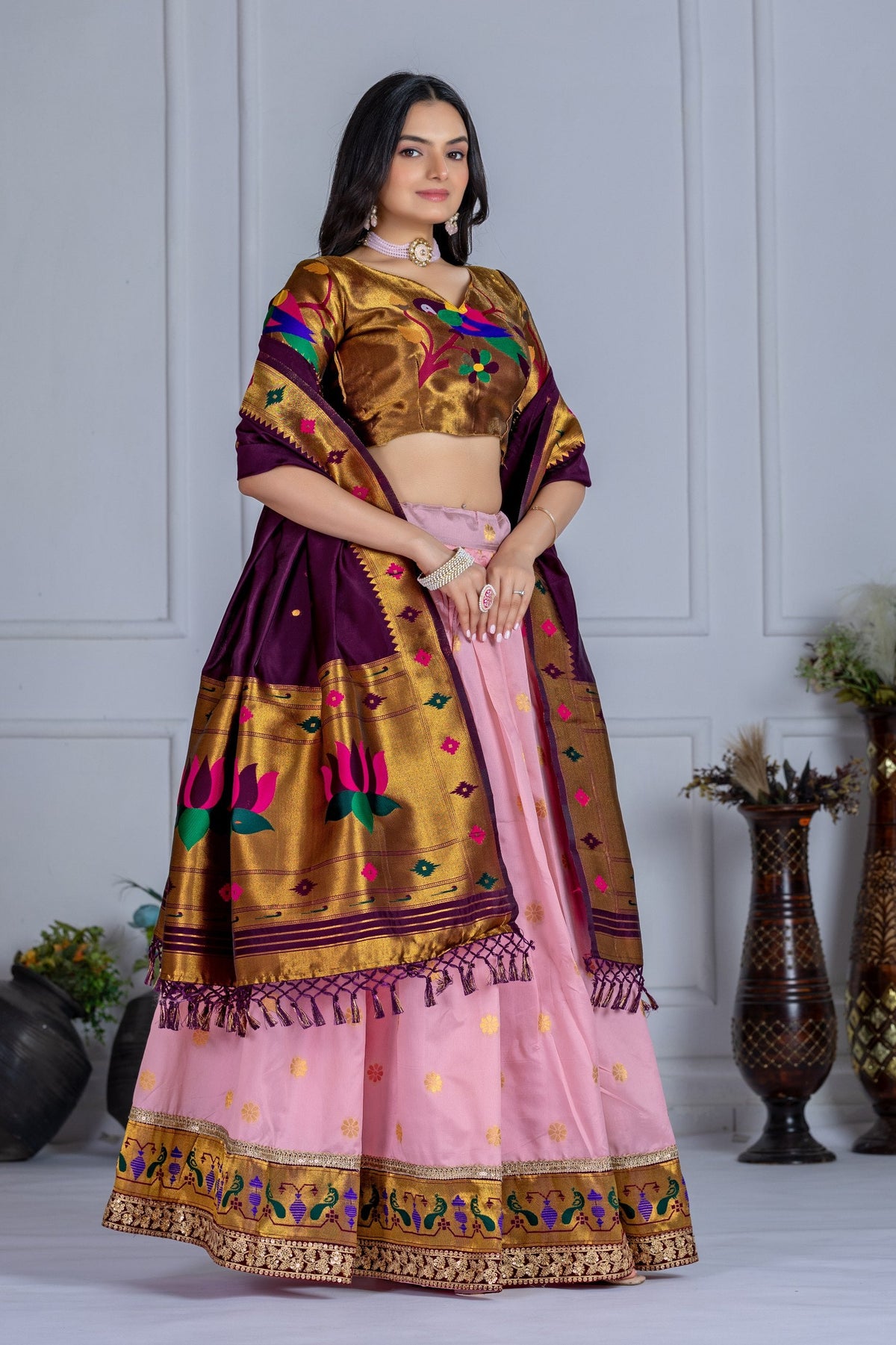 DEIANA'S Jacquard With Jari Print Weaving Lehenga Choli - Pink | Grocsy