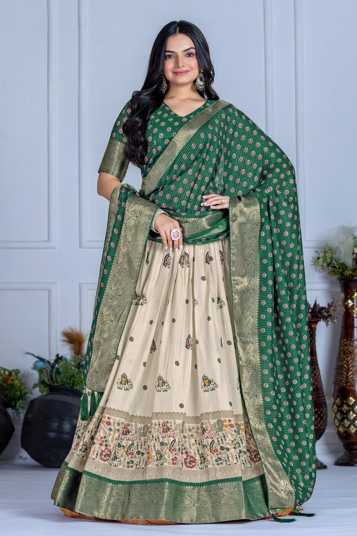 DEIANA'S Jacquard With Jari Print Weaving Lehenga Choli - Off White | Grocsy