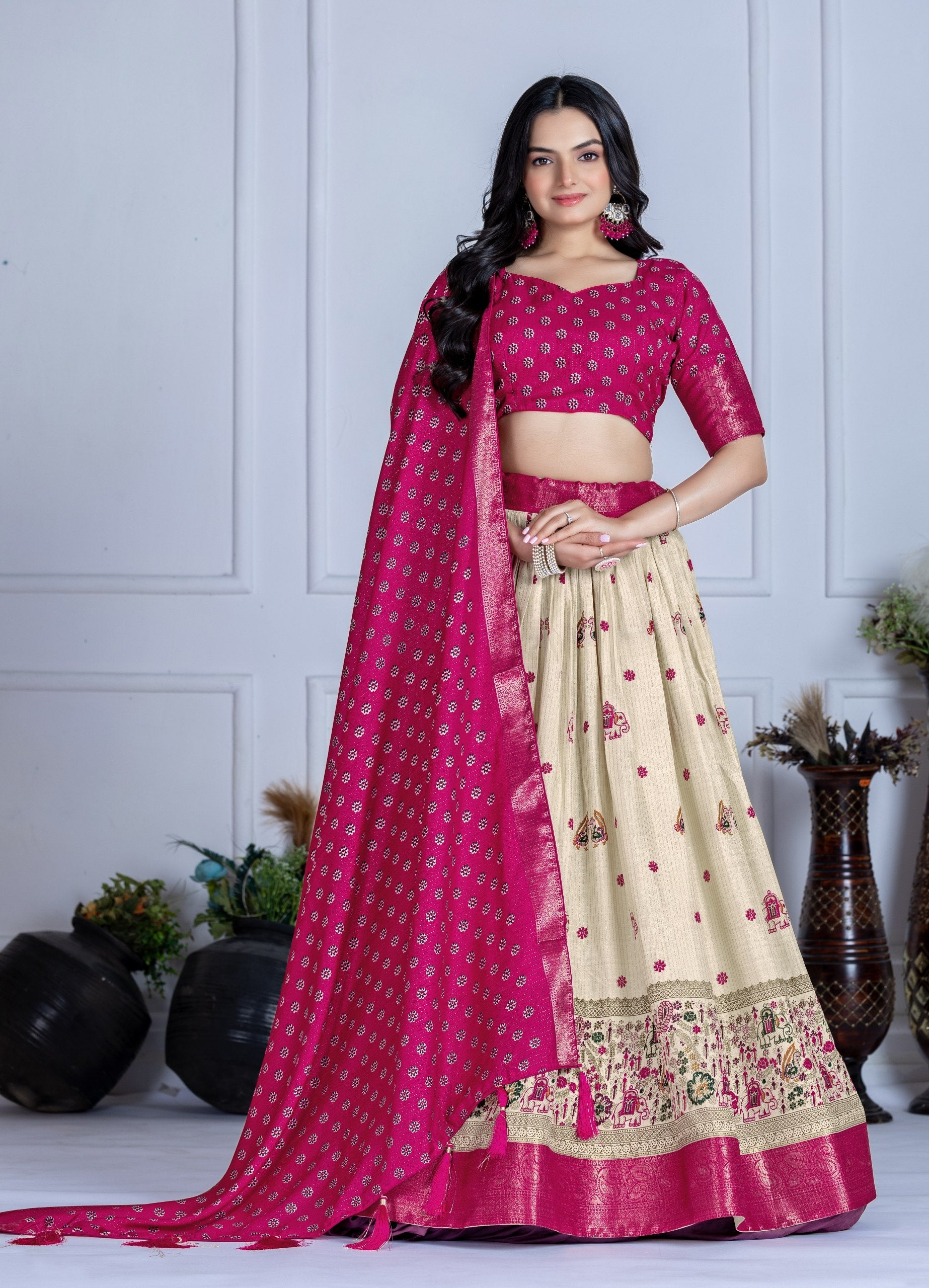 DEIANA'S Jacquard With Jari Print Weaving Lehenga Choli - Off White | Grocsy