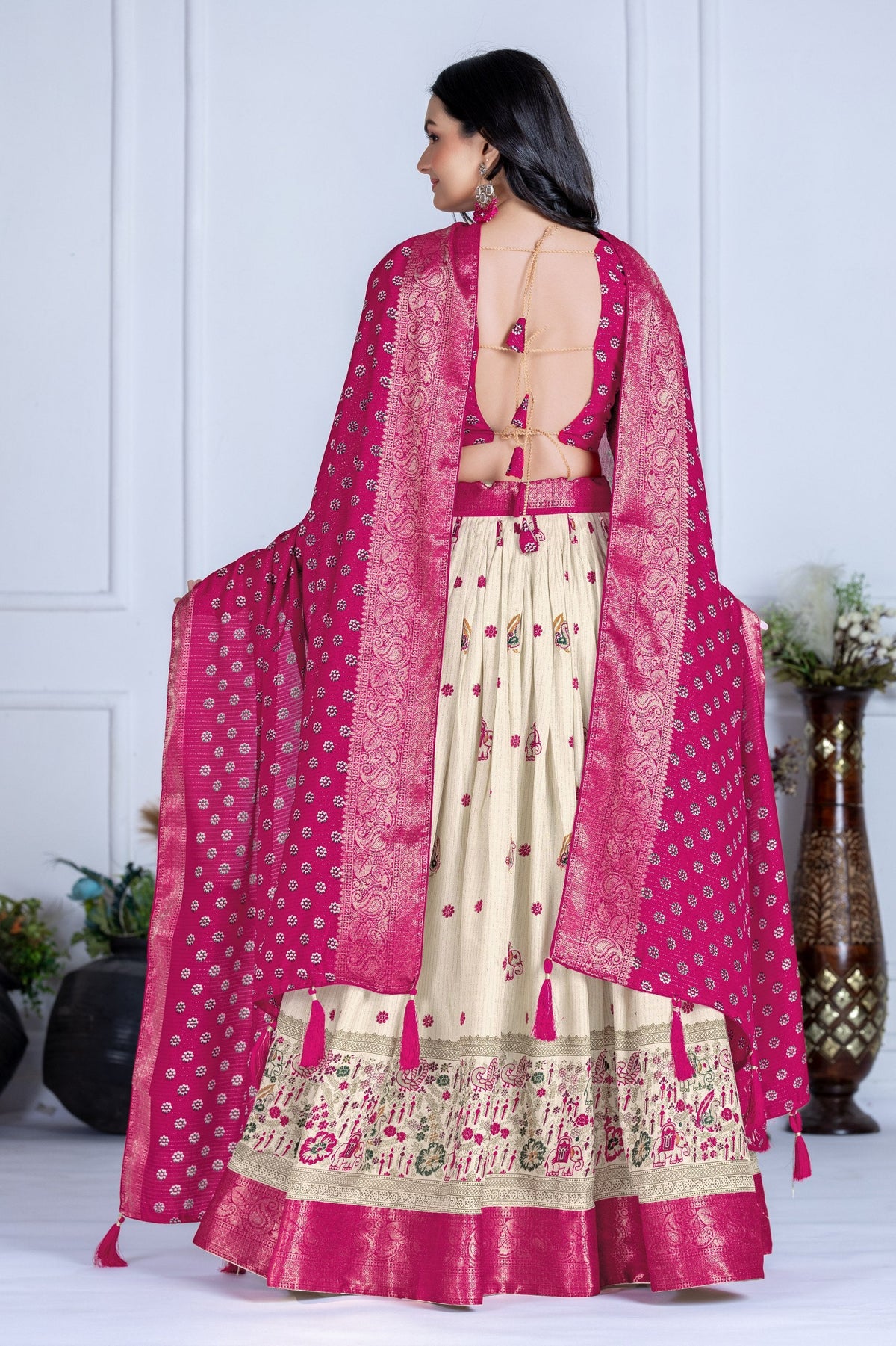 DEIANA'S Jacquard With Jari Print Weaving Lehenga Choli - Off White | Grocsy
