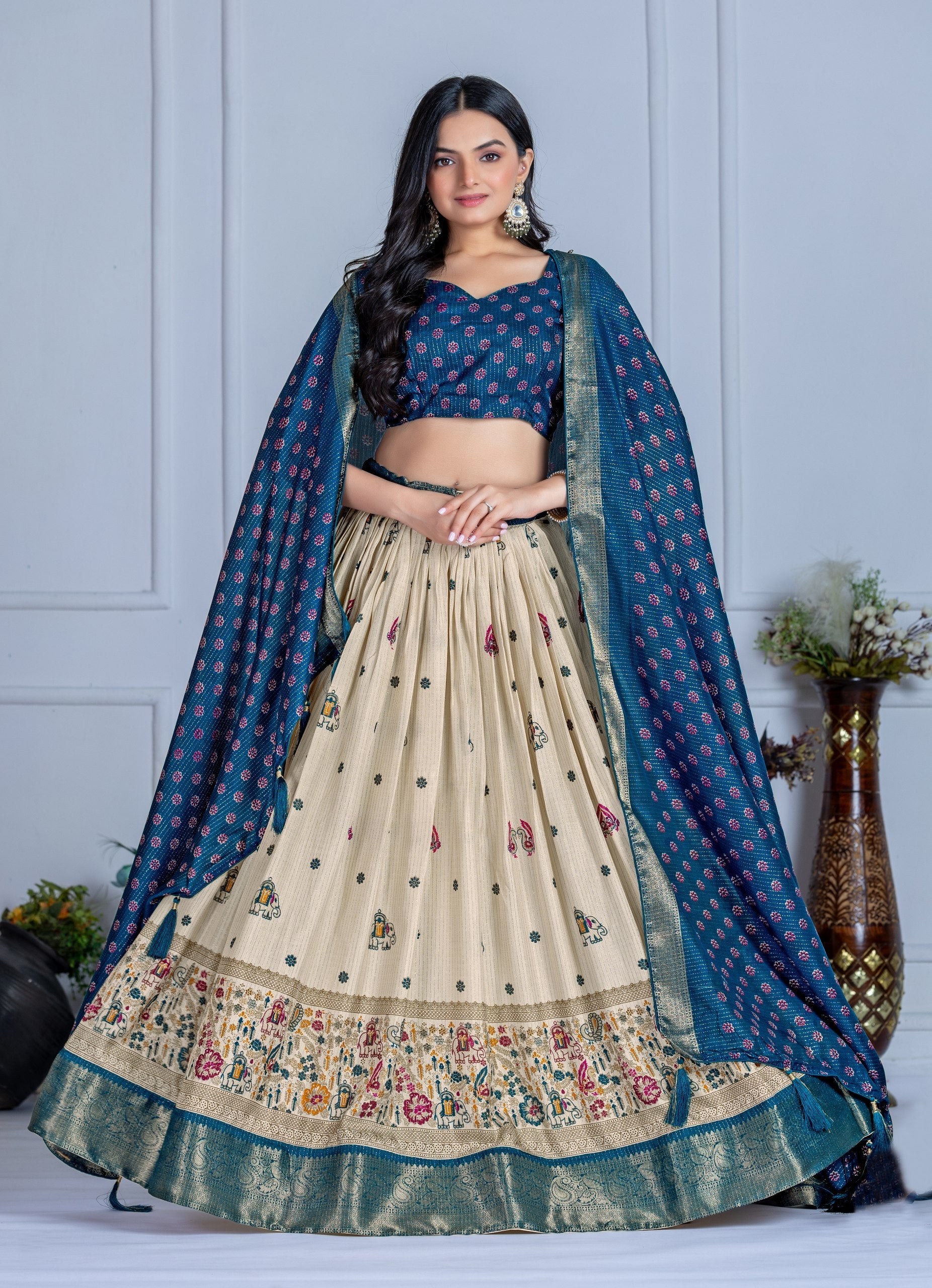 DEIANA'S Jacquard With Jari Print Weaving Lehenga Choli - Off White | Grocsy
