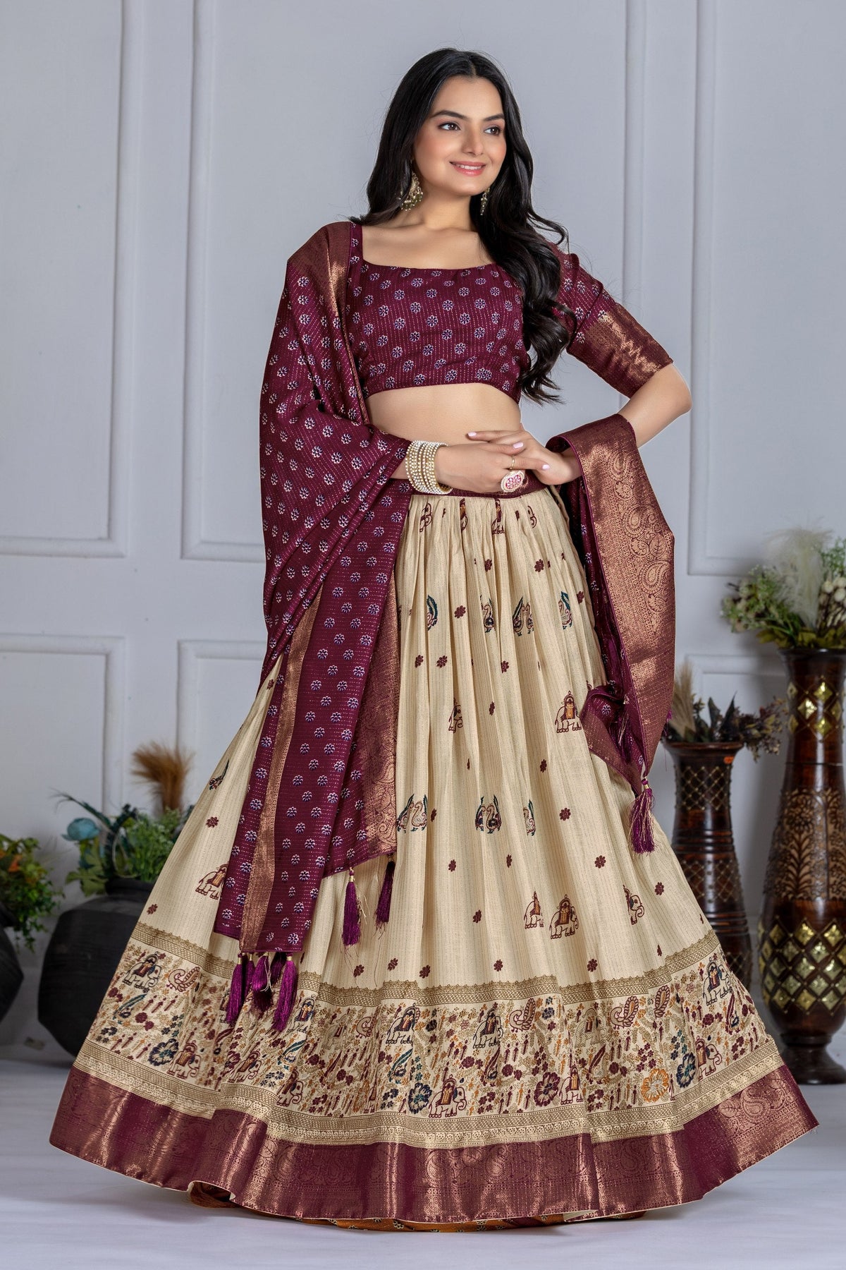 DEIANA'S Jacquard With Jari Print Weaving Lehenga Choli - Off White | Grocsy