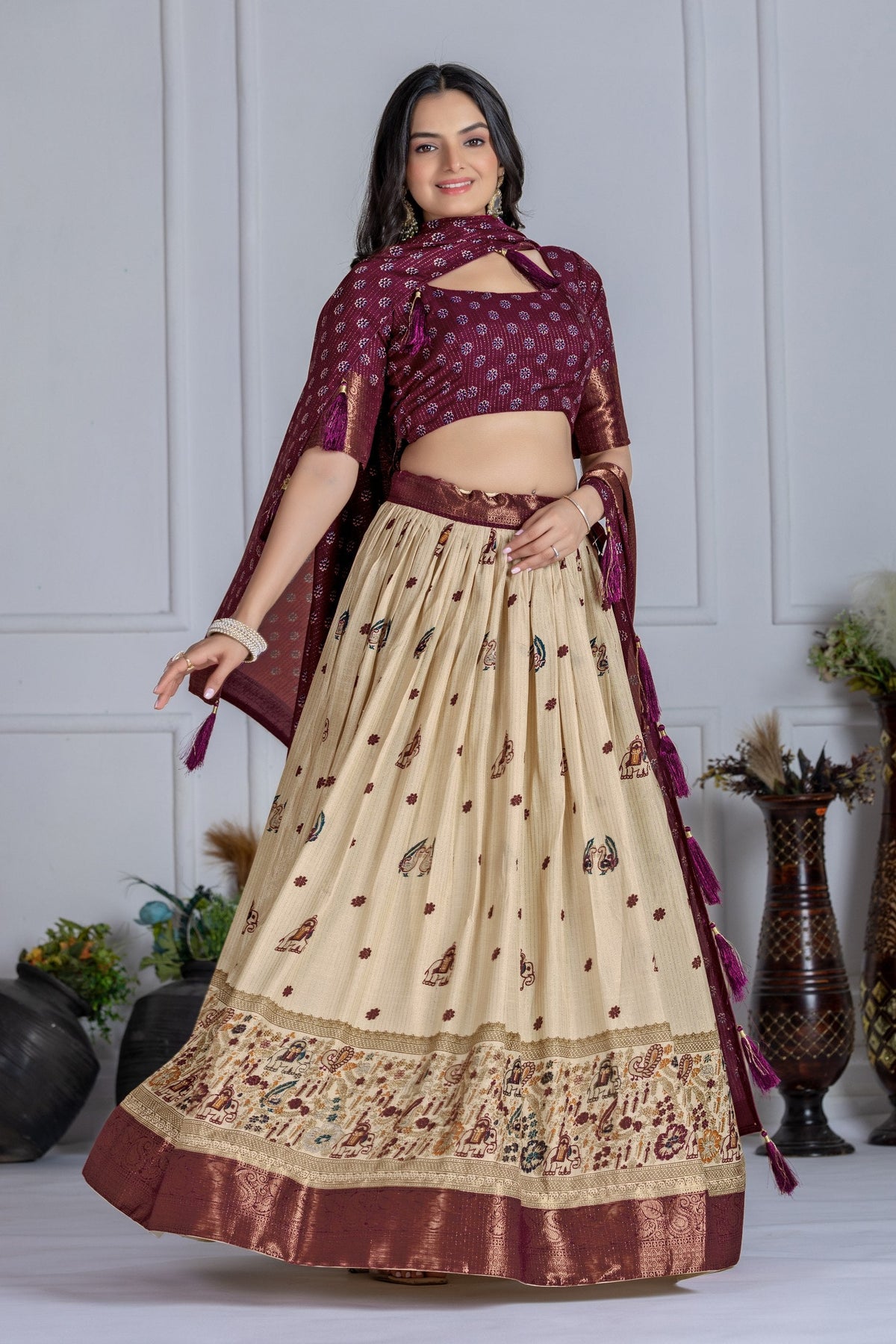 DEIANA'S Jacquard With Jari Print Weaving Lehenga Choli - Off White | Grocsy
