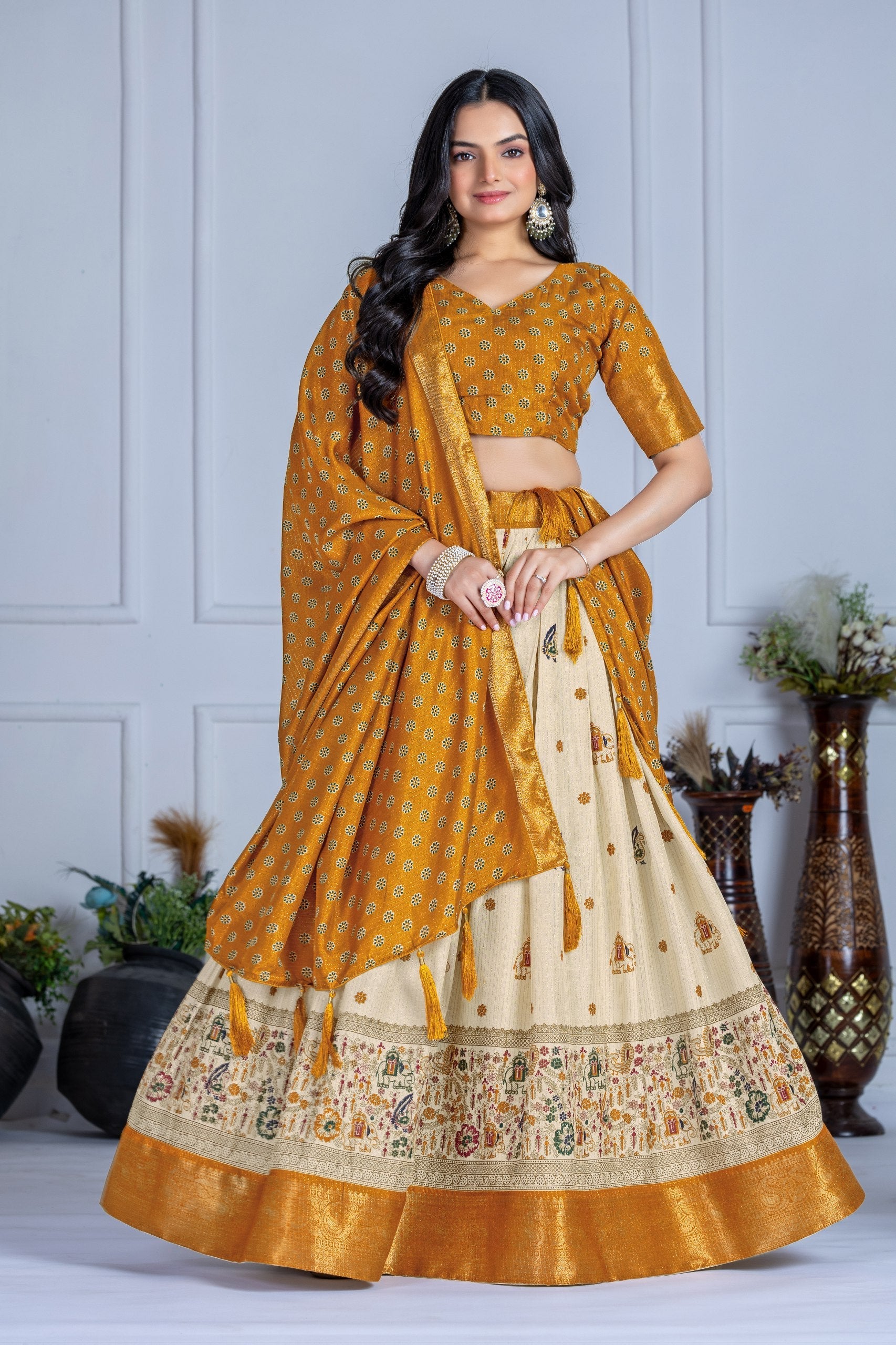DEIANA'S Jacquard With Jari Print Weaving Lehenga Choli - Off White | Grocsy