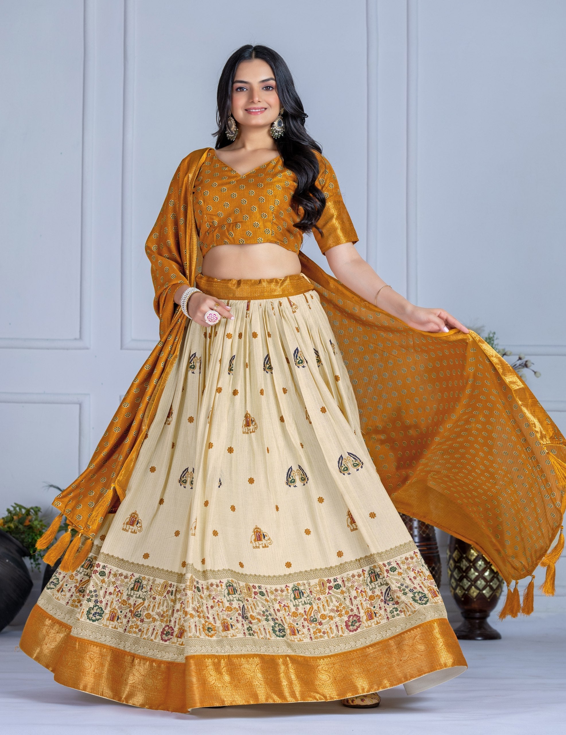 DEIANA'S Jacquard With Jari Print Weaving Lehenga Choli - Off White | Grocsy