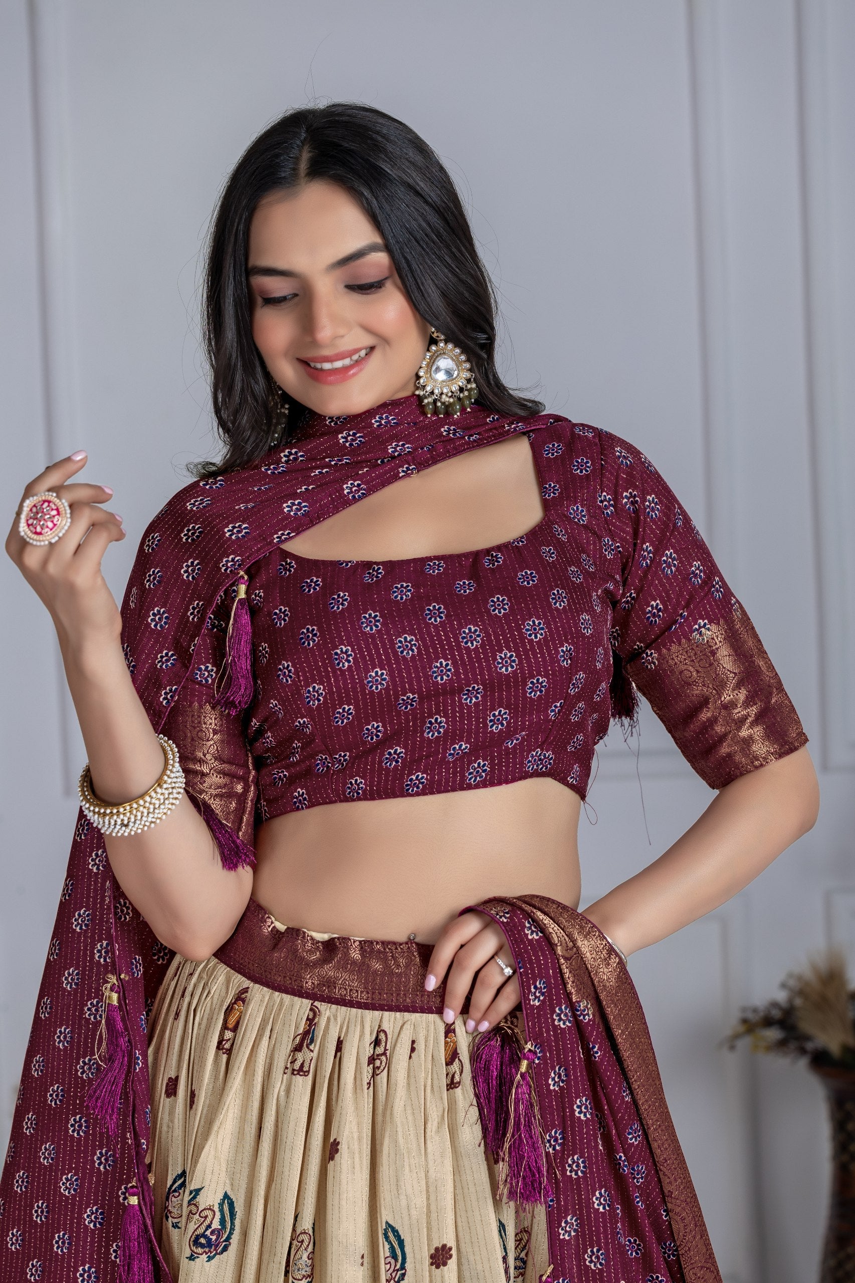 DEIANA'S Jacquard With Jari Print Weaving Lehenga Choli - Off White | Grocsy