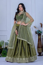 DEIANA'S Heavy Embroidery With Sequence Work Lehenga Choli - Mehndi | Grocsy