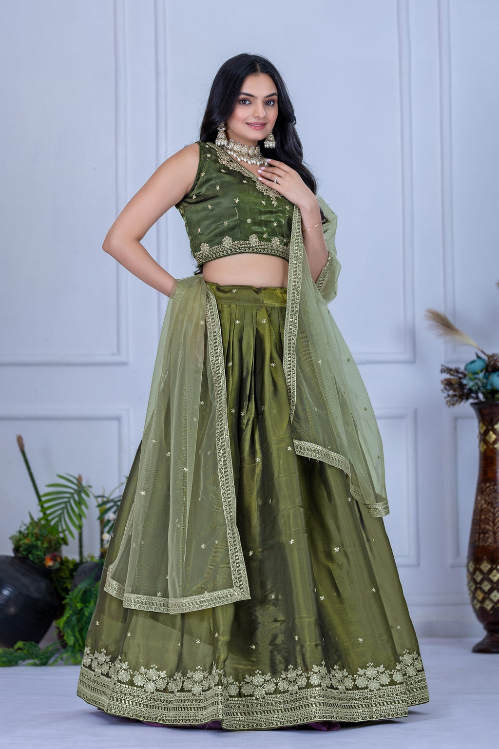 DEIANA'S Heavy Embroidery With Sequence Work Lehenga Choli - Mehndi | Grocsy